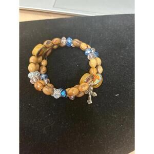 Religious Coiled Wrap Around Wood and Crystal Bead Bracelet